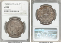 Confederation 5 Francs 1908-B AU55 NGC, Bern mint, KM34.

HID09801242017

© 2020 Heritage Auctions | All Rights Reserved