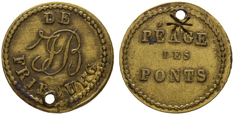 SCHWEIZ. FREIBURG / FRIBOURG. Stadt und Kanton. Bronze-Marke o. J. (19. Jh.). Pé...