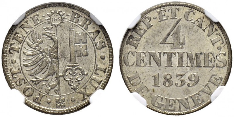 SCHWEIZ. GENF/GENÈVE. Stadt und Kanton Genf. 4 Centimes 1839. D.T. 287. HMZ 2-36...