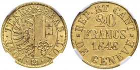 SCHWEIZ. GENF/GENÈVE. Stadt und Kanton Genf. 20 Francs 1848. D.T. 277. HMZ 2-361a. Fr. 263. NGC MS65. FDC / Uncirculated