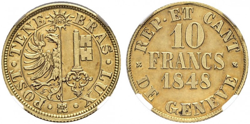 SCHWEIZ. GENF/GENÈVE. Stadt und Kanton Genf. 10 Francs 1848 D.T. 278. HMZ 2-362a...
