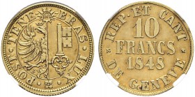 SCHWEIZ. GENF/GENÈVE. Stadt und Kanton Genf. 10 Francs 1848 D.T. 278. HMZ 2-362a. Fr.264. NGC MS62. Fast FDC / About uncirculated.
