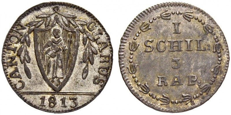 SCHWEIZ. GLARUS. Schilling 1813, Glarus. Wappen mit Girlanden. 1.11 g. D.T. 100d...