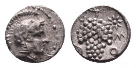 Greek Obol, Ca. 350-300 BC. AR
CILICIA. Soloi. Obol (Circa 410-375 BC).
Obv: Helmeted head of Athena right.
Rev: ΣΟ.
Grape bunch on vine; star to ...