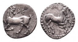 Greek Obol, Ca. 350-300 BC. AR
CILICIA, Kelenderis, AR Obol (ca 425-400)
Obv: Horse prancing right
Rev: K[E] - Goat crouching left, looking backwar...