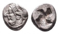 Greek Obol, Ca. 350-300 BC. AR
IONIA. Kolophon. Obol (Late 6th century BC).
Obv: Archaic male head (of Apollo?) left.
Rev: Quadripartite incuse squ...