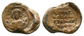 Byzantine lead seal of Basileios Pharamanes oficer(ca 11th cent.)
Obverse:Facial bust of the Mother of God in "Nikopoios" style and in oransposture, ...