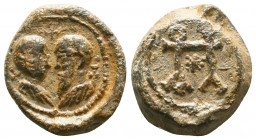 Byzantine lead seal of Paul officer(7th cent.)
Obverse:Confronted busts of the apostles Peter (left) and Paul (right), wearingchiton, 3 crosses in th...