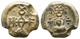 Byzantine lead seal of Nonnos officer(6th cent.)
Obverse:Facial nimbate bust of the Mother of God, wering chiton andmaphorion, cross in either side, ...