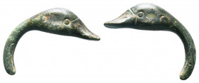 Ancient Roman Strap end as Duck head . c. 1st-2nd century AD.

Condition: Very Fine




Weight: 8.2 gr
Diameter: 33 mm