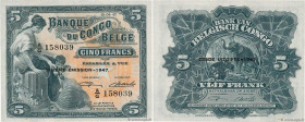 Country : BELGIAN CONGO 
Face Value : 5 Francs  
Date : 10 avril 1947 
Period/Province/Bank : Banque du Congo Belge 
Catalogue reference : P.13Ad 
Alp...