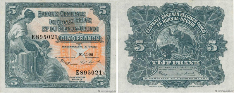 Country : BELGIAN CONGO 
Face Value : 5 Francs  
Date : 01 novembre 1952 
Period...