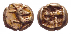 IONIA. Ephesus. Phanes.Ca. 625-600 BC.EL 1/24 stater. Forepart of stag left, head reverted / Abstract geometric pattern within incuse square punch. LN...