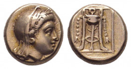 LESBOS.Mytilene. Circa 377-326 BC. EL Hekte.Veiled head of Demeter right, wearing wreath of grain ears / Tripod tied with fillet within linear square....