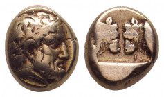 LESBOS.Mytilene. Circa 454-427 BC. EL Hekte.Wreathed and bearded head of Dionysos right / Confronted bulls' heads within incuse square. Bodenstedt 50 ...