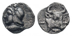 MYSIA.Cyzicus.410-400 BC.AR Obol.Head of Attis left wearing Phyrgian helmet / Head of bull right.Klein 268; SNG Aulock 7336; Fritze 35.Good very fine....