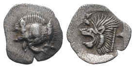 MYSIA.Cyzicus.Circa 450-400 BC.AR Obol. Forepart of boar left, tunny behind / Head of lion left. SNG France 369-70; SNG Aulock 7331; SNG Kayhan 54.Ext...
