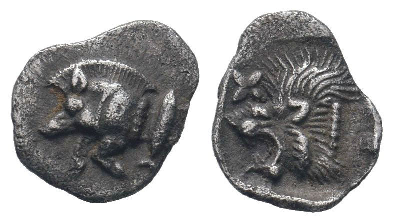 MYSIA.Cyzicus.Circa 450-400 BC.AR Obol. Forepart of boar left, tunny behind / He...