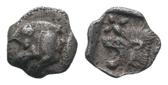 MYSIA.Cyzicus.Circa 500-490 BC.AR Obol.Forepart of boar left, behind, tunny fish...