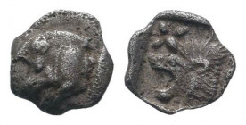 MYSIA.Cyzicus.Circa 500-490 BC.AR Obol.Forepart of boar left, behind, tunny fish / Lion's head left, above, star; all within square incuse.Klein, KM 4...