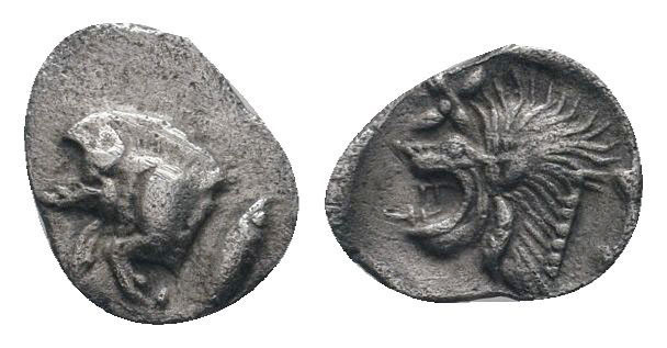 MYSIA.Cyzicus.Circa 450-400 BC.AR Obol. Forepart of boar left, tunny behind / He...