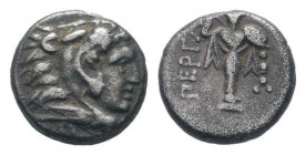 MYSIA. Pergamon. Circa 310-282 BC. AR Diobol.Head of Herakles right, wearing lion's skin / Archaistic Palladion: statue of Pallas Athena standing faci...