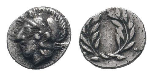 AEOLIS.Elaia.Circa 350-320 BC.AR Obol.Helmeted head of Athena left, pellet behin...
