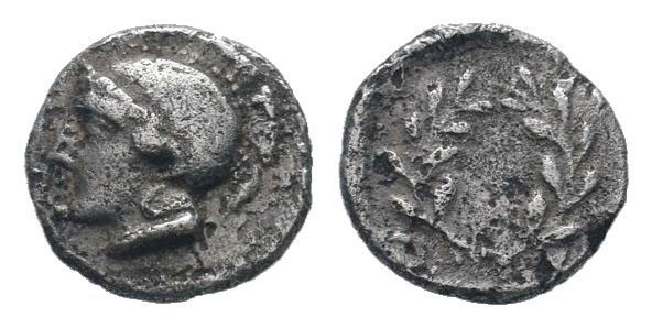 AEOLIS.Elaia. Circa 350-320 BC.AR Obol.Helmeted head of Athena left, pellet behi...