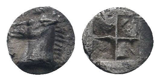 AEOLIS.Kyme.Circa 480-450 BC.AR Obol.Head of horse to left / Quadripartite incus...