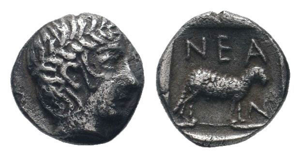 TROAS.Neandreia. Circa 400 BC. AR Obol. Laureate head of Apollo right / NEA, Ram...