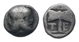TROAS.Tenedos .Circa 500-400 BC.AR Obol. Janiform head, female on left, male on right / T E, double axe within incuse square.SNG Munchen 340; SNG Cope...