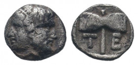 TROAS.Tenedos .Circa 500-400 BC.AR Obol. Janiform head, female on left, male on right / T-E, double axe within incuse square.SNG Munchen 340; SNG Cope...