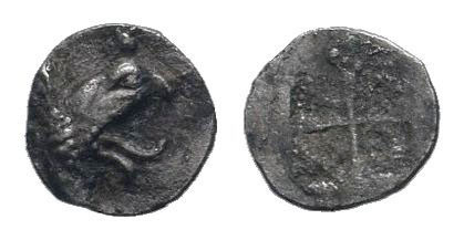 IONIA.Teos.500-447 BC.AR Quarter Obol.Head of griffin right / quadripartite incu...
