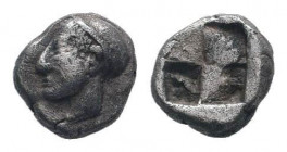 IONIA. Phokaia. Circa 521-478 BC.AR Diobol. Head of a nymph to left, wearing a sakkos adorned with a central band and circular earring / Quadripartite...
