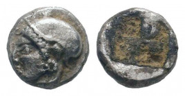 IONIA. Phokaia. Circa 521-478 BC.AR Diobol. Head of a nymph to left, wearing a sakkos adorned with a central band and circular earring / Quadripartite...