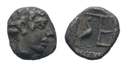 IONIA.Kolophon.5th century BC.AR Tetartemorion.Laureate head of Apollo right / T...