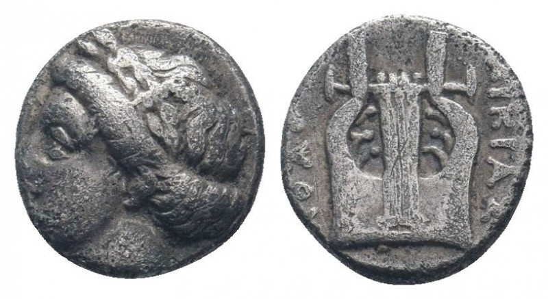 IONIA.Kolophon. Circa 389-350 BC. AR Diobol. Laureate head of Apollo left / Lyre...