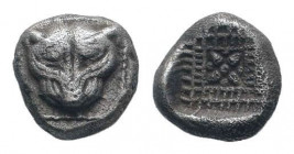 IONIA.Miletos. 6th Century BC. AR Triobol. Facing lion head in dotted square / Stellate pattern within lattice-work square.Rosen 579.Good very fine.

...