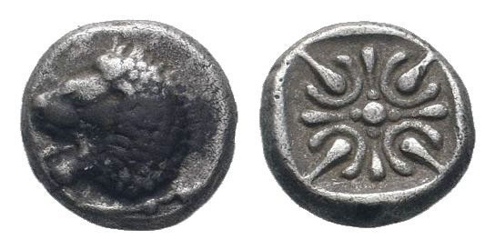 IONIA.Miletos.Circa 480-450 BC.AR Obol.Forepart of lion / Incuse punch with stel...