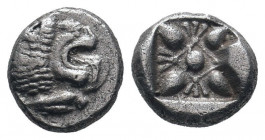 IONIA.Miletos.Circa 525-475 BC.AR Obol.Forepart of lion left, head right / Stellate floral design within square incuse. SNG Kayhan 462-475; SNG Copenh...