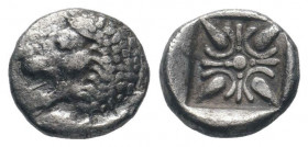 JONIA.Miletos.Circa 525-475 BC.AR Obol.Forepart of lion to left / Stellate pattern in incuse square.Klein KM 424; SNG Kayhan 476-481; SNG Keckman 273....