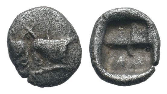 CARIA.Uncertain.5th century BC.AR Hemiobol.Confronted heads of two bulls / Incus...