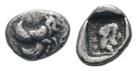 CARIA.Uncertain. Orou.Circa 450-400 BC. AR Eight Stater.Forepart of winged, man-headed bull right / OFOV, Female head right within dotted border, all ...