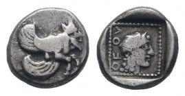 CARIA.Uncertain. Orou.Circa 450-400 BC. AR Eight Stater.Forepart of winged, man-headed bull right / OFOV, Female head right within dotted border, all ...