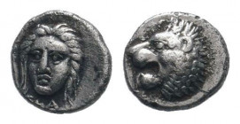 SATRAPS of CARIA. Hekatomnos. Circa 392-377 BC. AR Tetartemorion . Head of roaring lion left / Male head facing slightly left.SNG Kayhan 867; SNG Aulo...