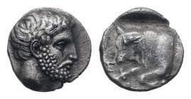 SATRAPS of CARIA.Hekatomnos.Circa 392-377 BC.Mylasa mint. AR Diobol.Bearded head of Hekatomnos right / Forepart of bull left, E on shoulder.Winzer 13....