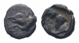 DYNASTS of LYCIA. Uncertain.450-400 BC.AR Obol.Forepart of boar to left / Head and neck of leashed dog left, within incuse square.Unpubleshed.Extremel...