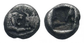 KINGS of LYDIA. Kroisos.Circa 560-546 BC.AR 1/12 Stater. Sardes mint. On the left, forepart of lion with open mouth to right confronting, on the right...
