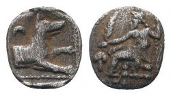LYCAONIA.Laranda.Circa 324 BC.AR Obol.Forepart of wolf right; inverted crescent above; all within circular border of pellets / Baaltars seated left, h...