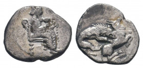 CILICIA.Myriandros. Circa 4th Century BC. AR Obol. King seated right on throne, holding lotus flower and lotus-tipped sceptre / Lion attacking a bull....
